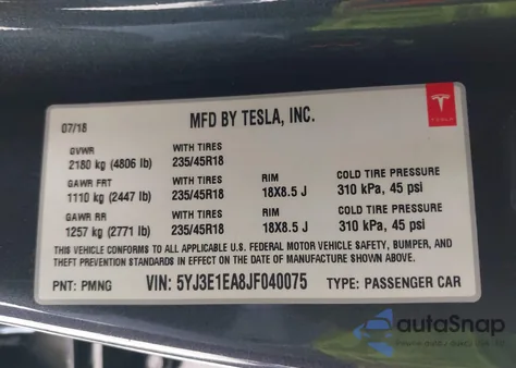 2018 Tesla Model 3 Long Range/Mid Range from USA, damaged, VIN 5YJ3E1EA8JF040075